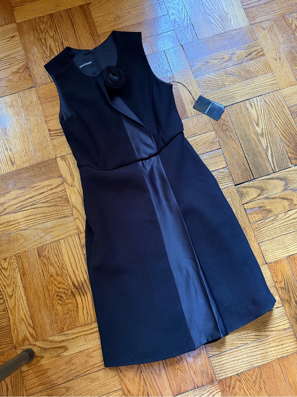 NWT Emporio Armani Rosette Trim Black Dress LBD Satin Accent